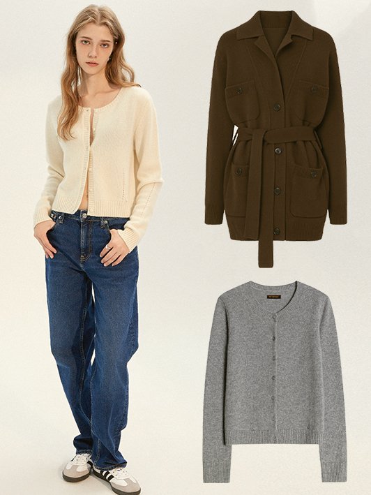 Versatile cashmere cardigans and button-down knits for versatile layering